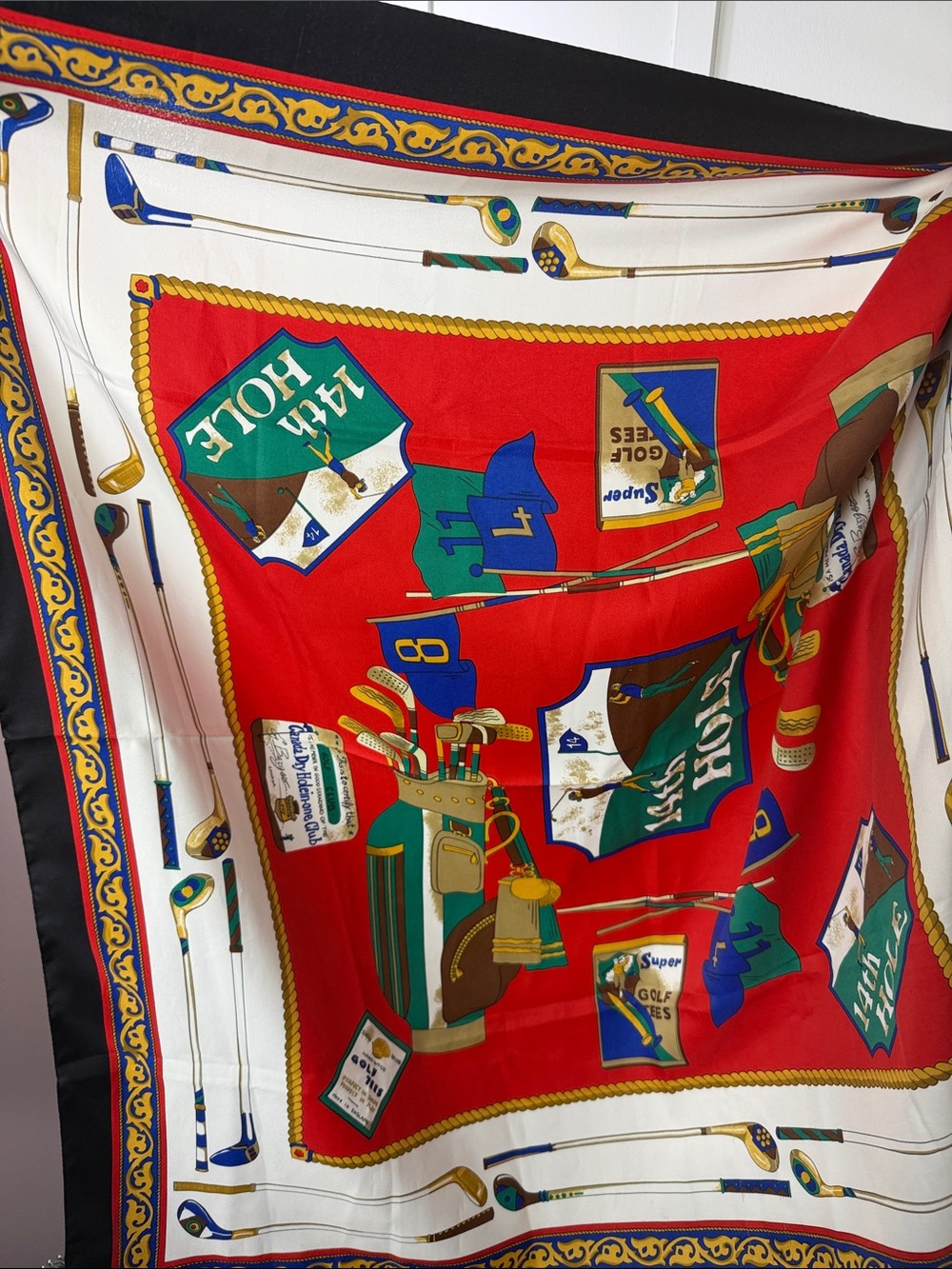 Vintage Brooks Brothers Red Golf-Themed Silk Scarf with Green, Blue & Gold